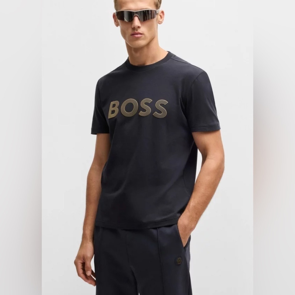 Hugo Boss STRETCH-COTTON T-SHIRT WITH LARGE LOGO NAVY XXL